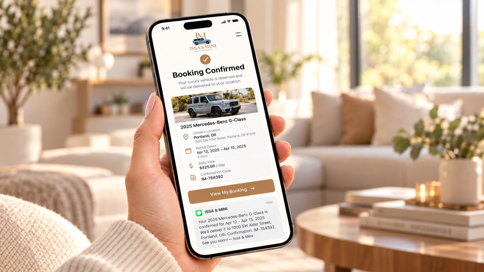 IM Luxury Rentals booking confirmation for a Mercedes G-Class on a phone